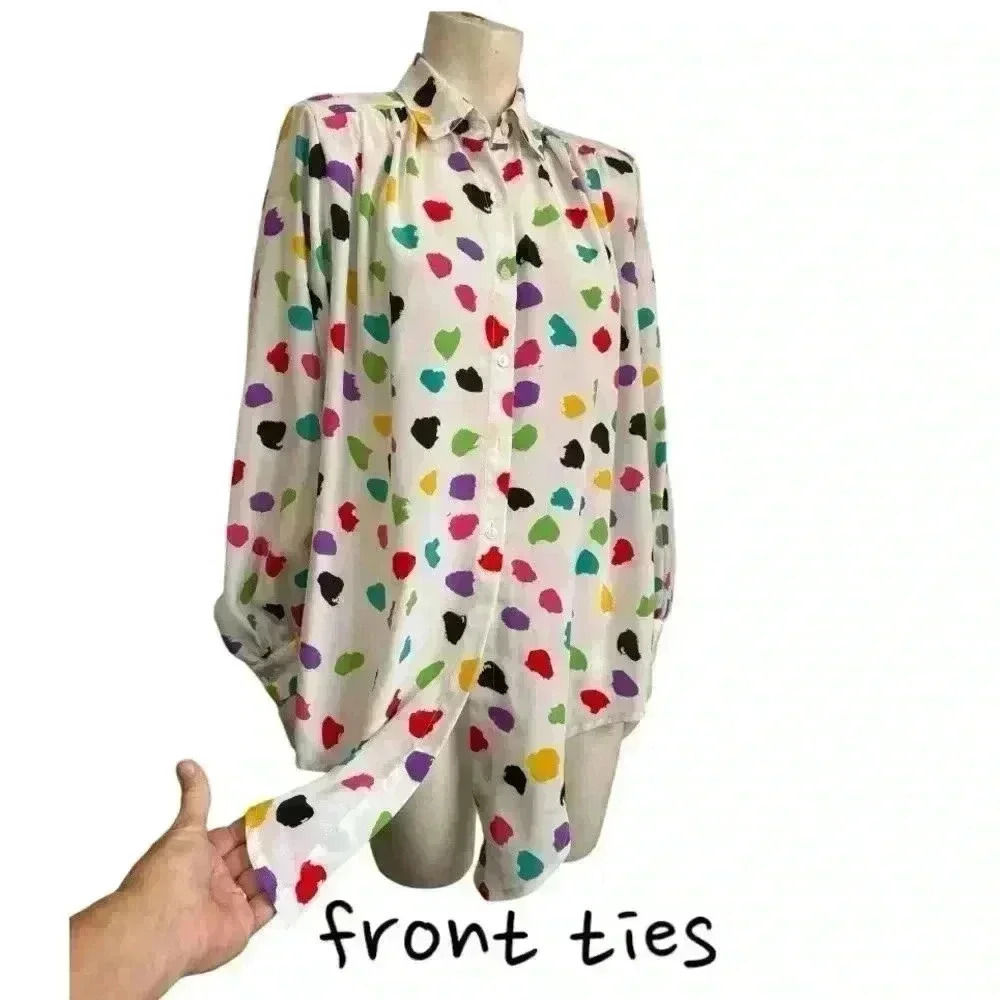 Vintage HELEN FABRIKANT NY Colorful Polka Dot Tie Front Blouse Button Up Small - Picture 7 of 11